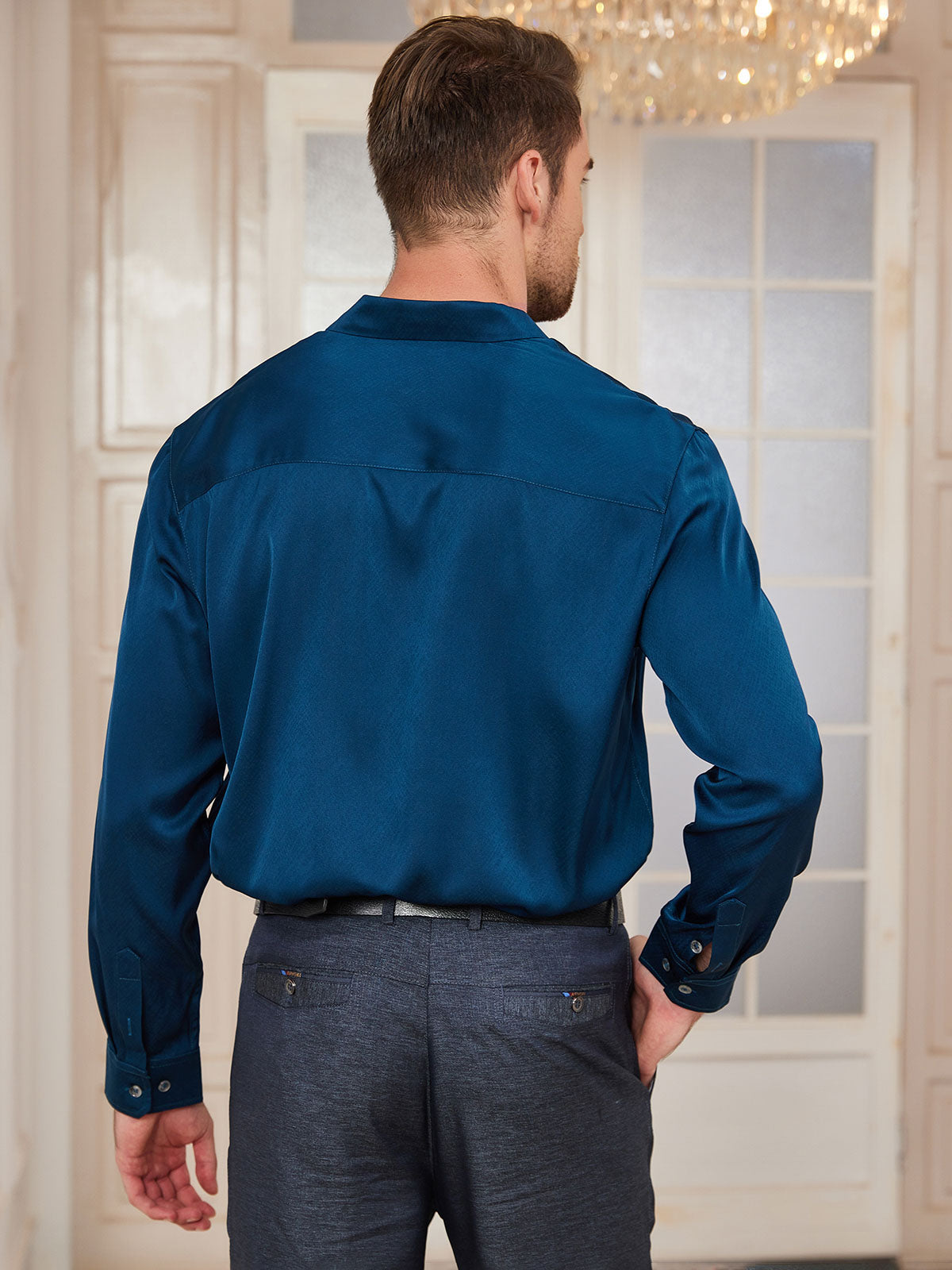[Blågrønn] SilkSilky-NO Silke Mens Shirt 002