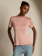 [Rosa] SilkSilky-NO 100% Silk Jersey Short Sleeve Falsk Krage T-skjorte for Kvinner 008