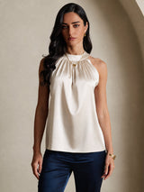 [Beige] SilkSilky-NO Sleeveless Halterneck T-skjorte for Kvinner 003