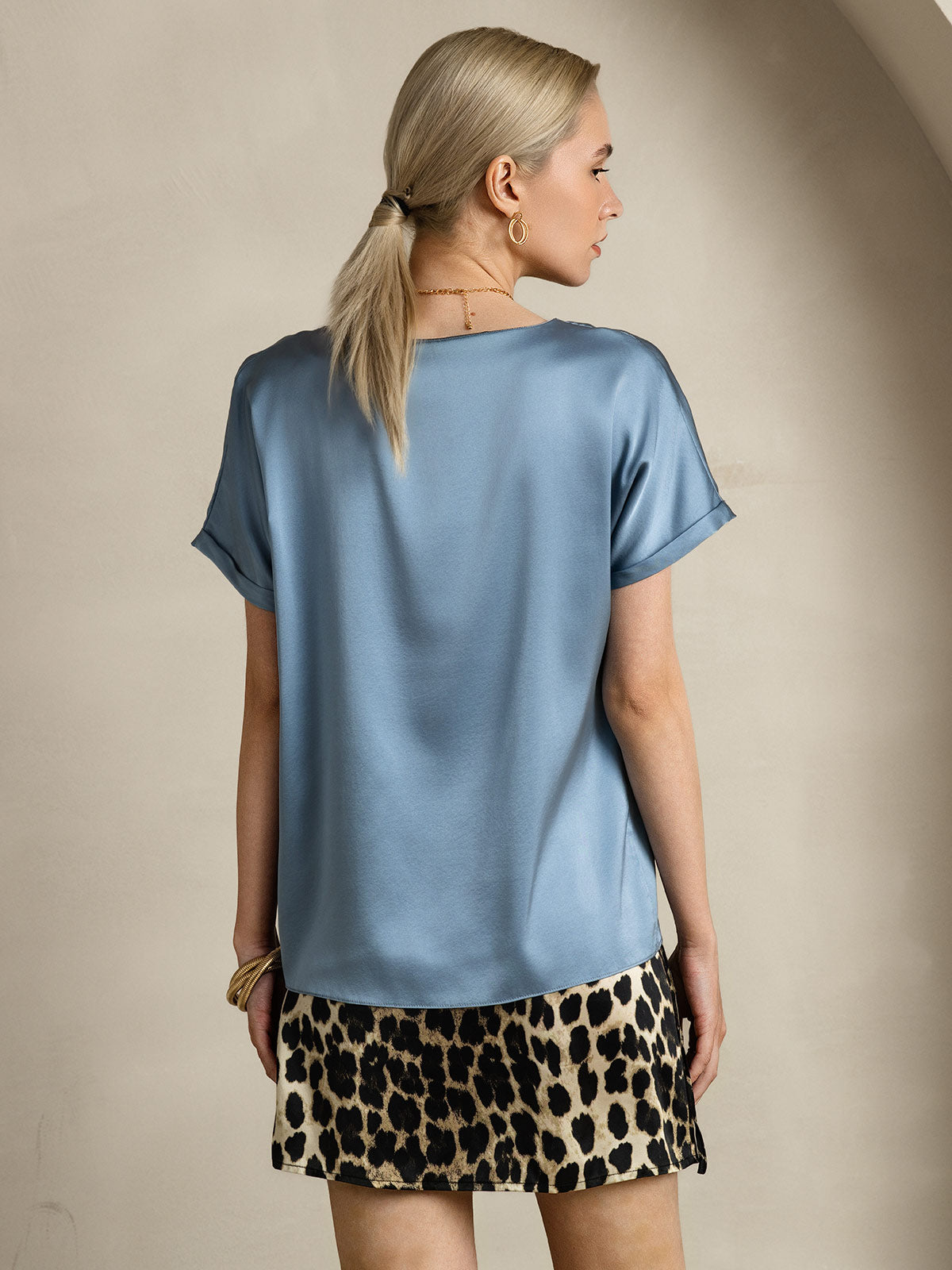 [Gråblå] SilkSilky-NO 19Momme Silke Womens T-Shirt 002
