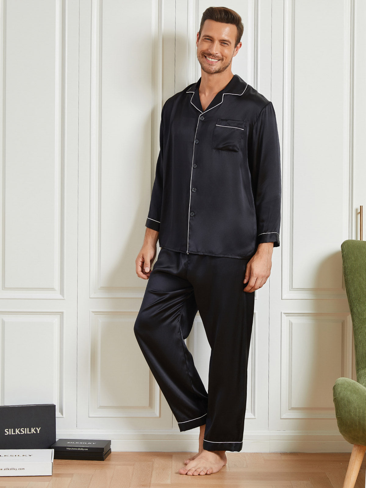 [Svart] SilkSilky-NO 19Momme Mens Pajamas 005