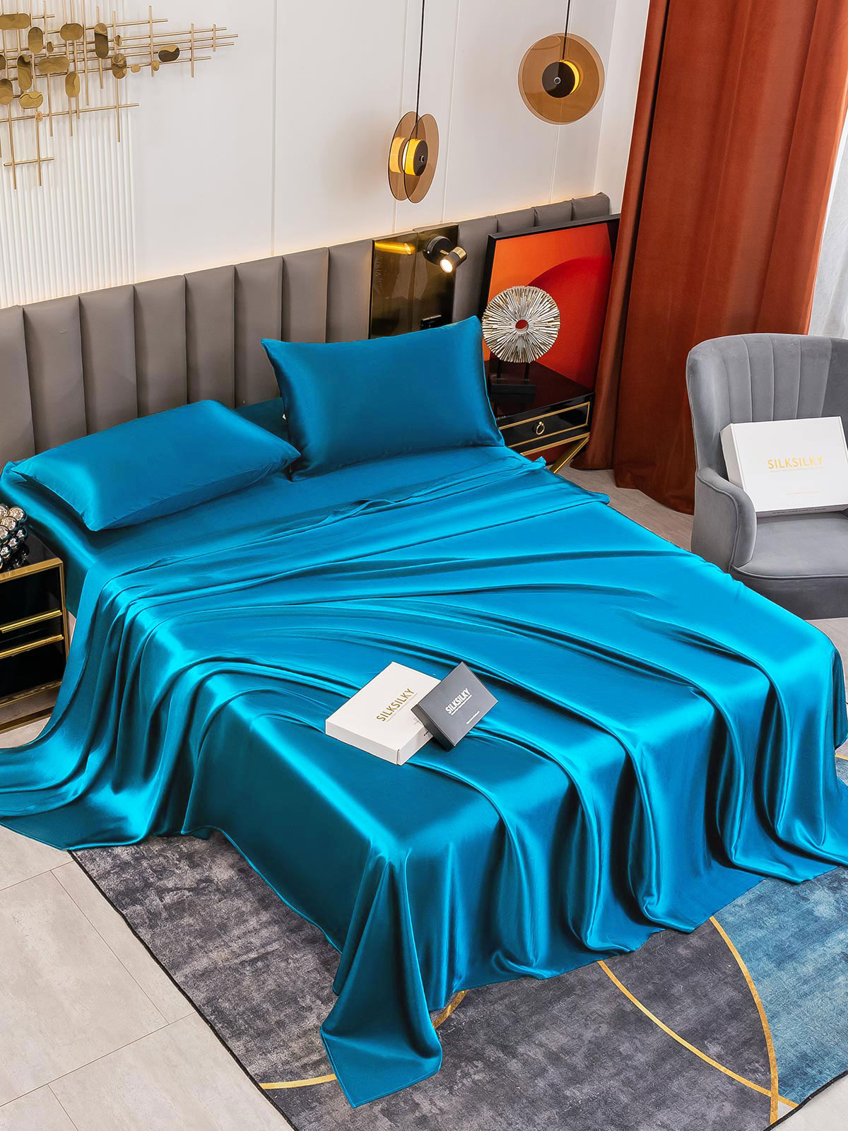 [Blågrønn] SilkSilky-NO 19Momme Pure Silk Bedding Set 005