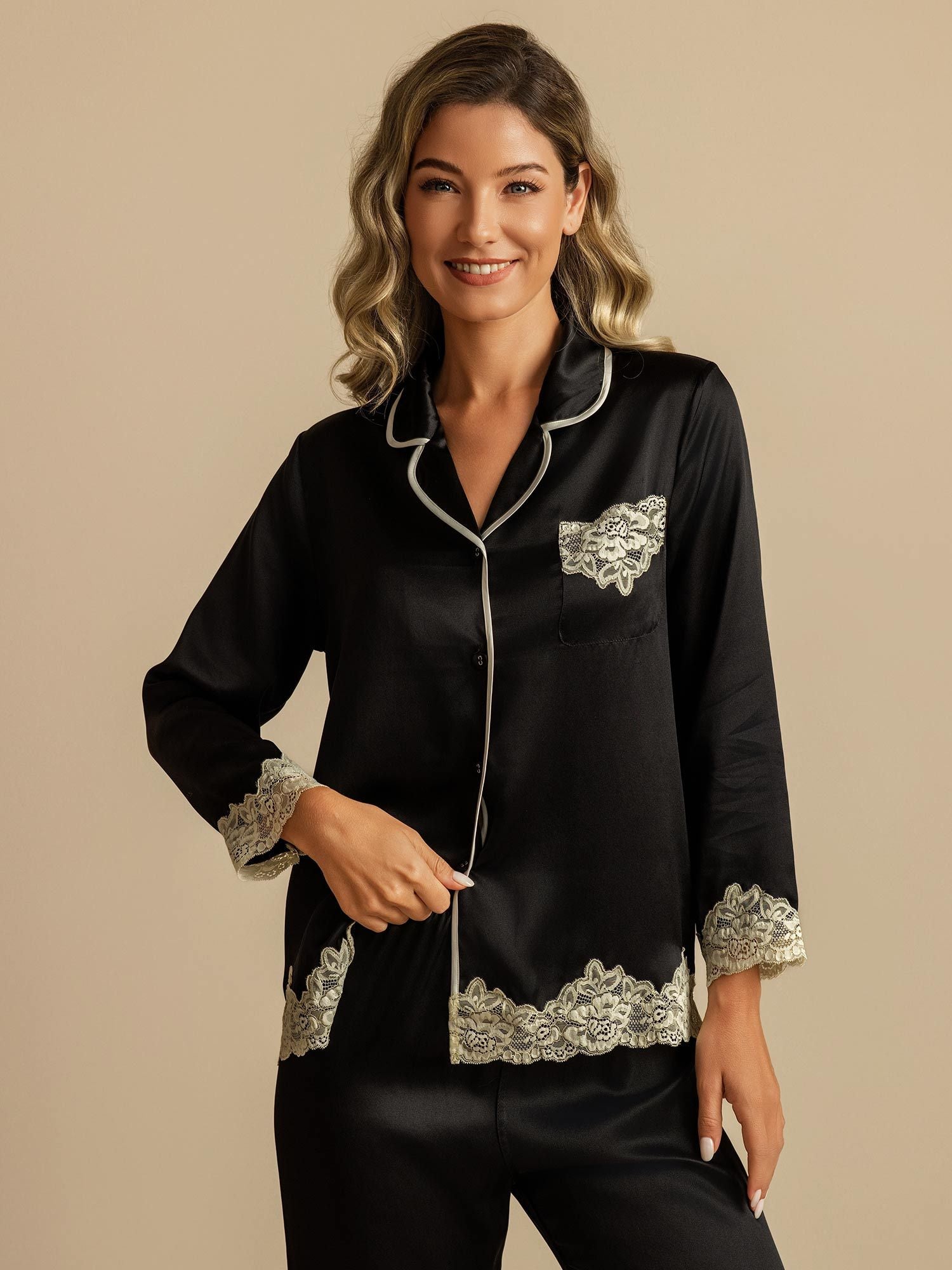 [Svart] SilkSilky-NO Silke Womens Pajamas 007