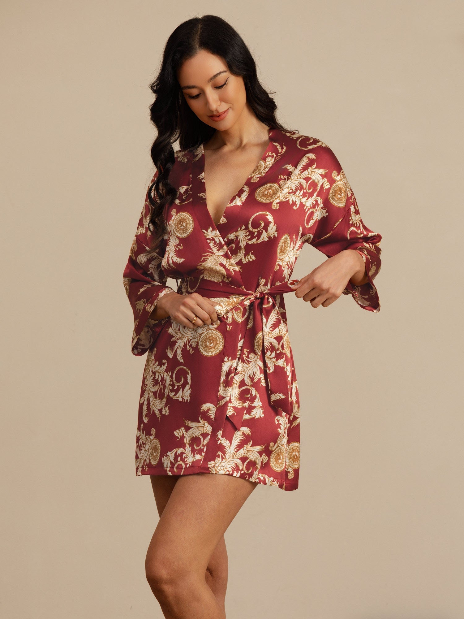 [Vinrød Drage] SilkSilky-NO Morgenkåpe for Kvinner 005