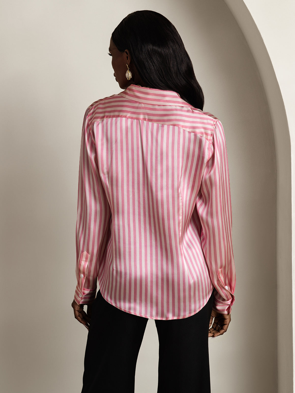 [Rosa Stripe] SilkSilky-NO Long Sleeve Lapel Collar Skjorte for Kvinner 002