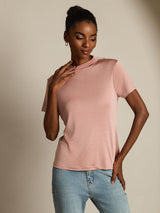 [Rosa] SilkSilky-NO 100% Silk Jersey Short Sleeve Falsk Krage T-skjorte for Kvinner 005