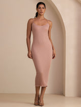 [Rosa] SilkSilky-NO Spaghetti Strap Boat Neck Kjole 001