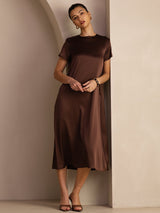 [Mørk Sjokolade] SilkSilky-NO Short Sleeve Round Neck Kjole 003