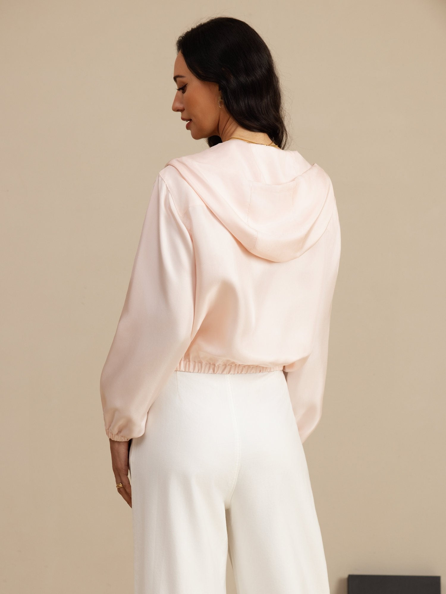 [Rosa] SilkSilky-NO 18Momme Langermet Ståkrave Yttertøy for Kvinner 002