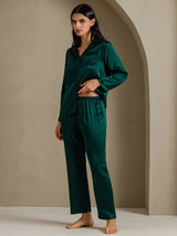 [Mørk Grønn] SilkSilky-NO Long Sleeve Lapel Collar Pyjamas for Kvinner 007