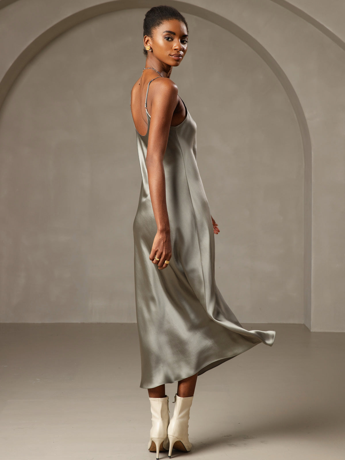[Grågrønn] SilkSilky-NO Pure Silk Sleeveless Round Neck Kjole 002