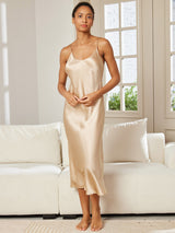 [Champagne] SilkSilky-NO Spaghetti Strap V Neck Nattkjole 005
