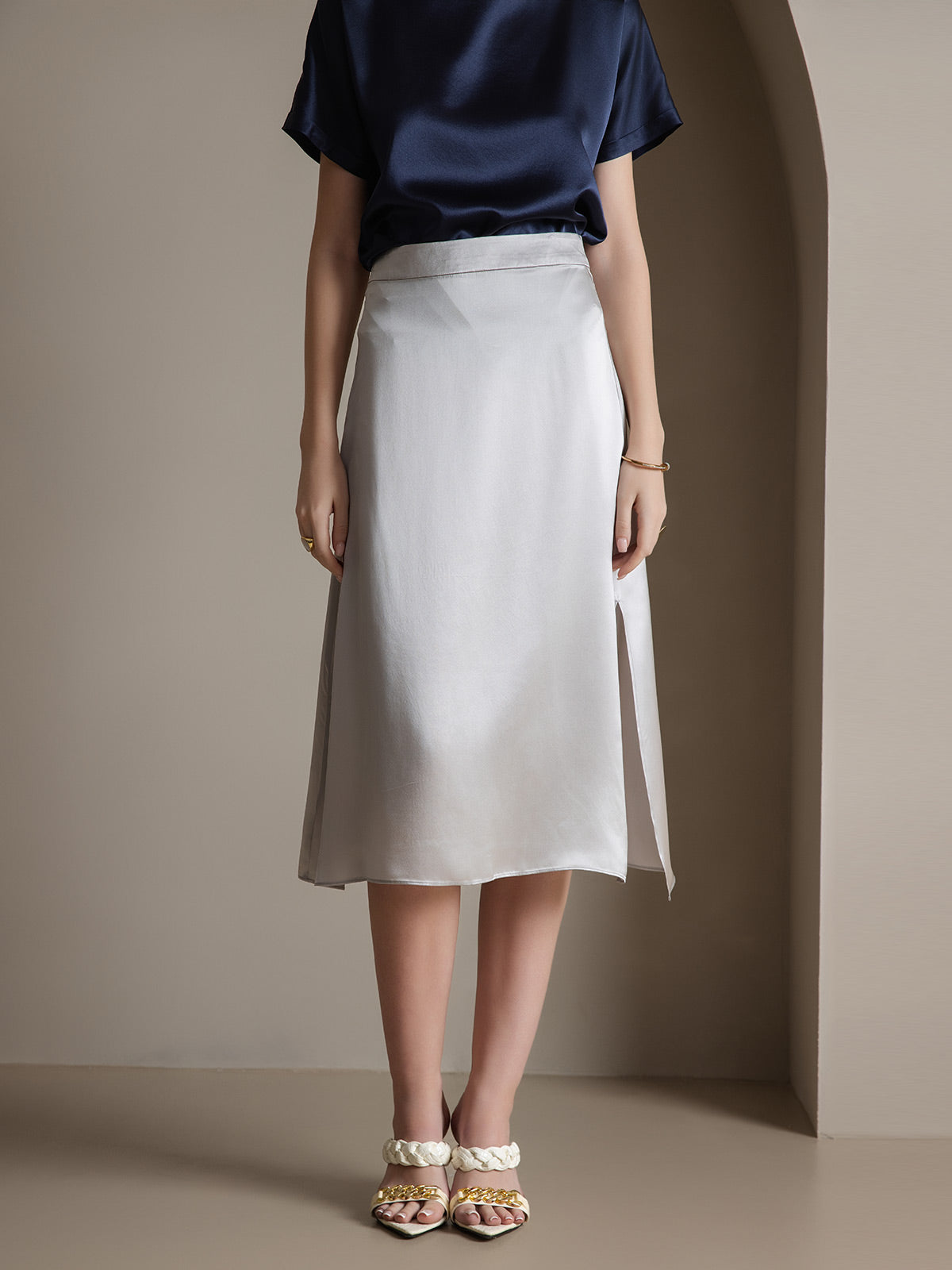 [Lysegrå] SilkSilky-NO 19Momme Silke Skirt 005