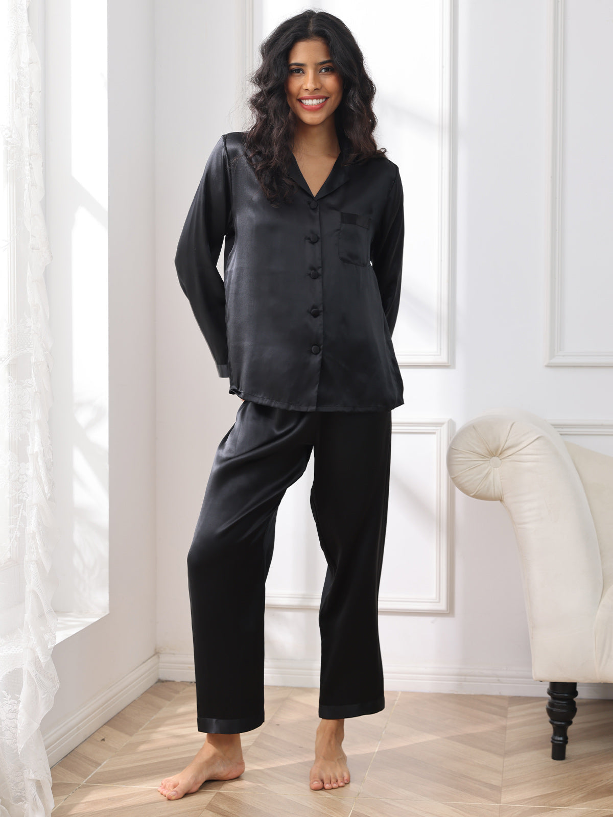 SilkSilky US Pure Silk Long Sleeve Lapel Women's Pajamas Black 004