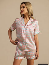[Rosa Hjerte Geo] SilkSilky-NO Short Sleeve Lapel Collar Pyjamas for Kvinner 003