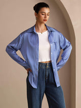[Blå Nålestripete] SilkSilky-NO Long Sleeve Lapel Collar Skjorte for Kvinner 005
