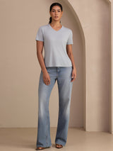 [Gråblå] SilkSilky-NO Short Sleeve V Neck T-skjorte for Kvinner 006