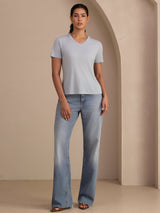 [Gråblå] SilkSilky-NO Short Sleeve V Neck T-skjorte for Kvinner 006