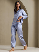 [Stål Blå] SilkSilky-NO Long Sleeve Lapel Collar Pyjamas for Kvinner 001