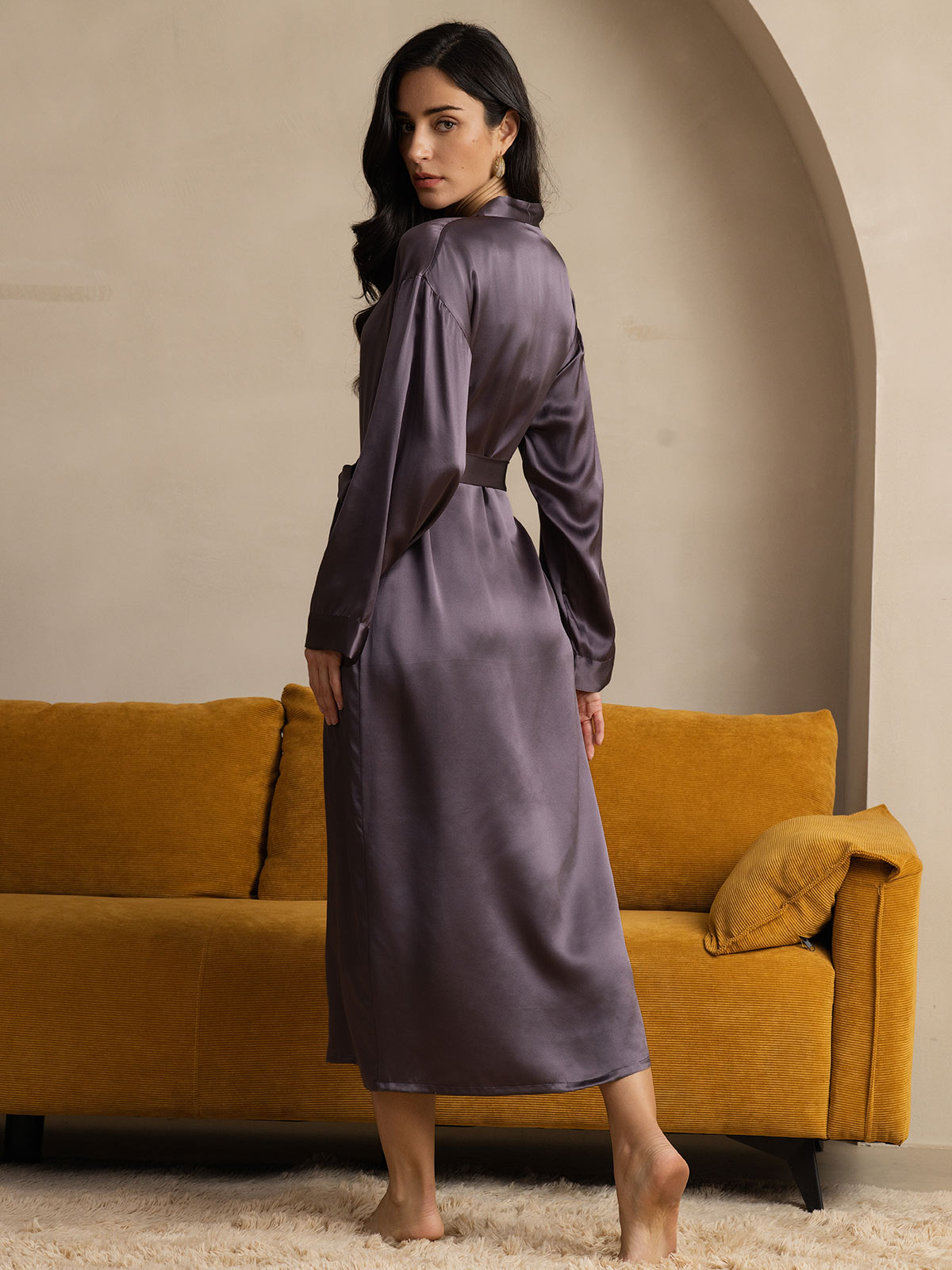 [Lilla Grå] SilkSilky-NO Long Sleeve Morgenkåpe for Kvinner 002