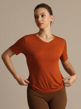 [Oransje] SilkSilky-NO Kort erm V Hals T-skjorte for Kvinner 005