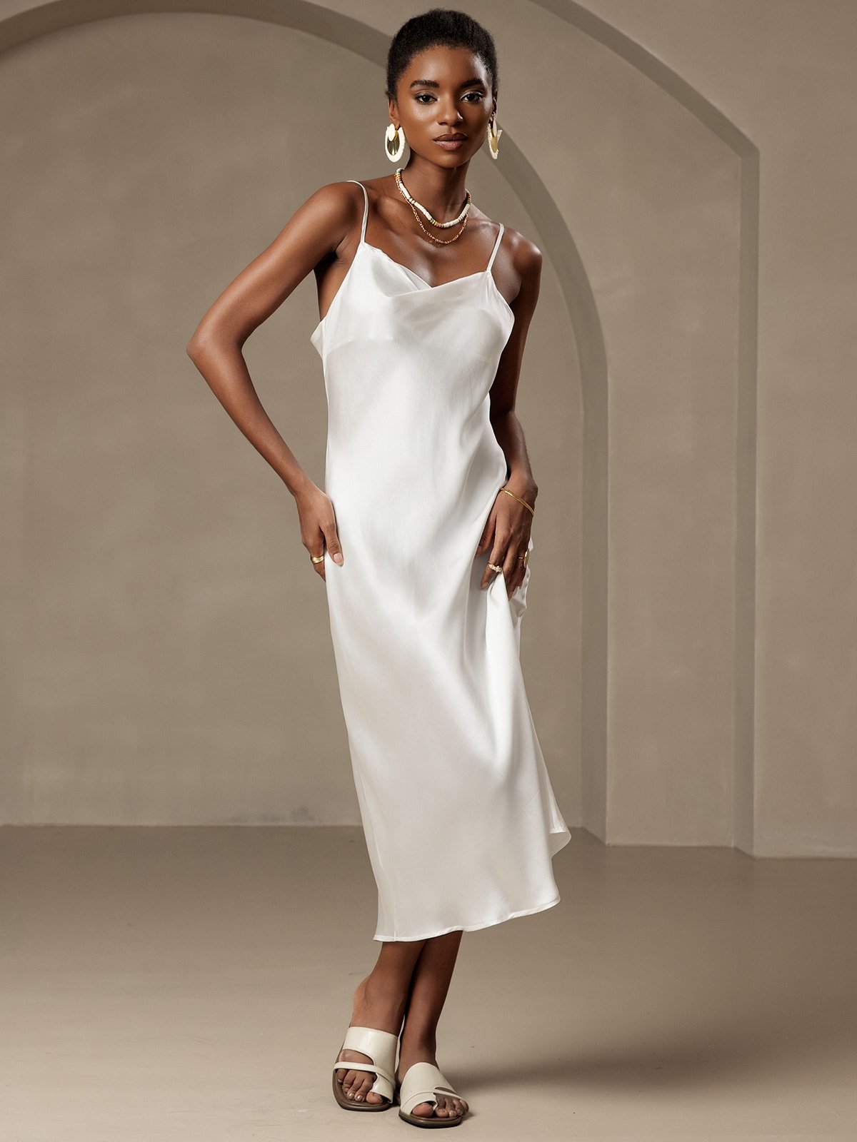 SilkSilky US Pure Silk Sleeveless Cowl Neck Dress White 001