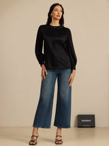 [Svart] SilkSilky-NO 19Momme Long Sleeve Round Neck Bluse 005