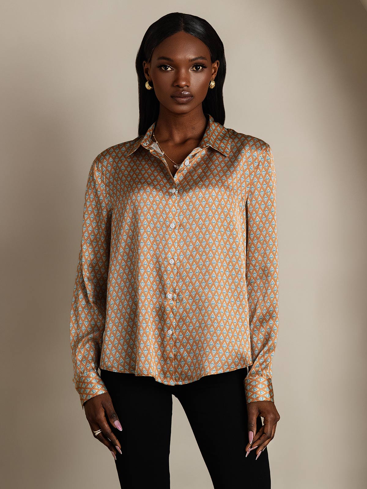 [Floral] SilkSilky-NO Silke Lapel Collar Skjorte for Kvinner 004