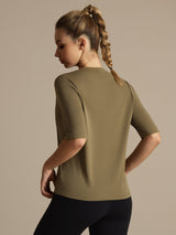 [Brent Oliven] SilkSilky-NO Halv erme Tett Crew Neck T-skjorte for Kvinner 003
