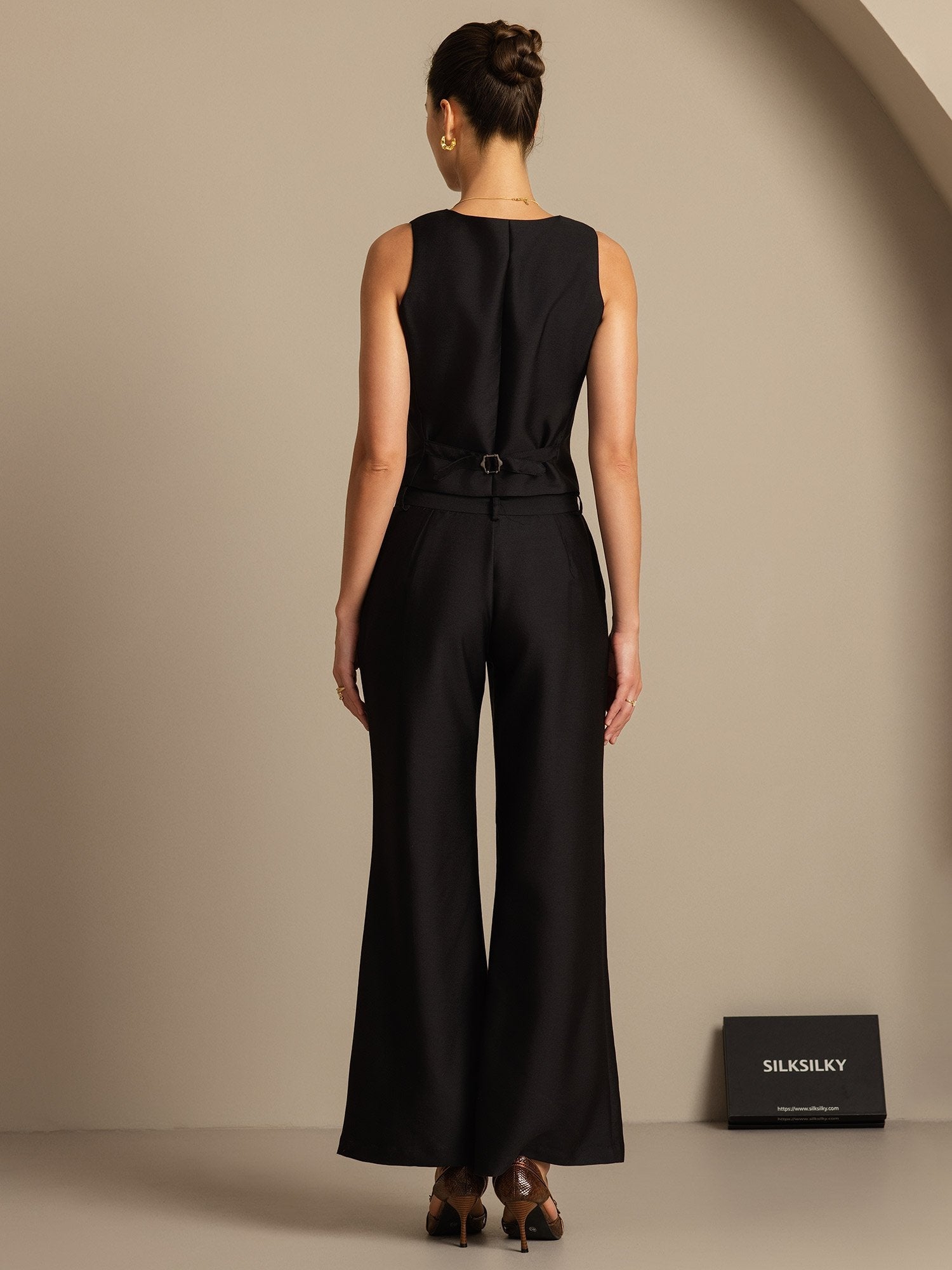 [Svart] SilkSilky-NO 32Momme Silk-Wool Blend Womens Vest 002,