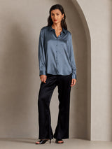 [Ekte Petrol] SilkSilky-NO Long Sleeve Lapel Collar Skjorte for Kvinner 005