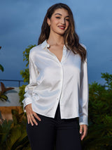 [Hvit] SilkSilky-NO Long Sleeve Lapel Collar Skjorte for Kvinner 003