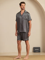 [Svart Ginkgo] SilkSilky-NO Short Sleeve Lapel Collar Pyjamas for menn 004