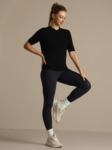 [Svart] SilkSilky-NO Halv erme Tett Crew Neck T-skjorte for Kvinner 006
