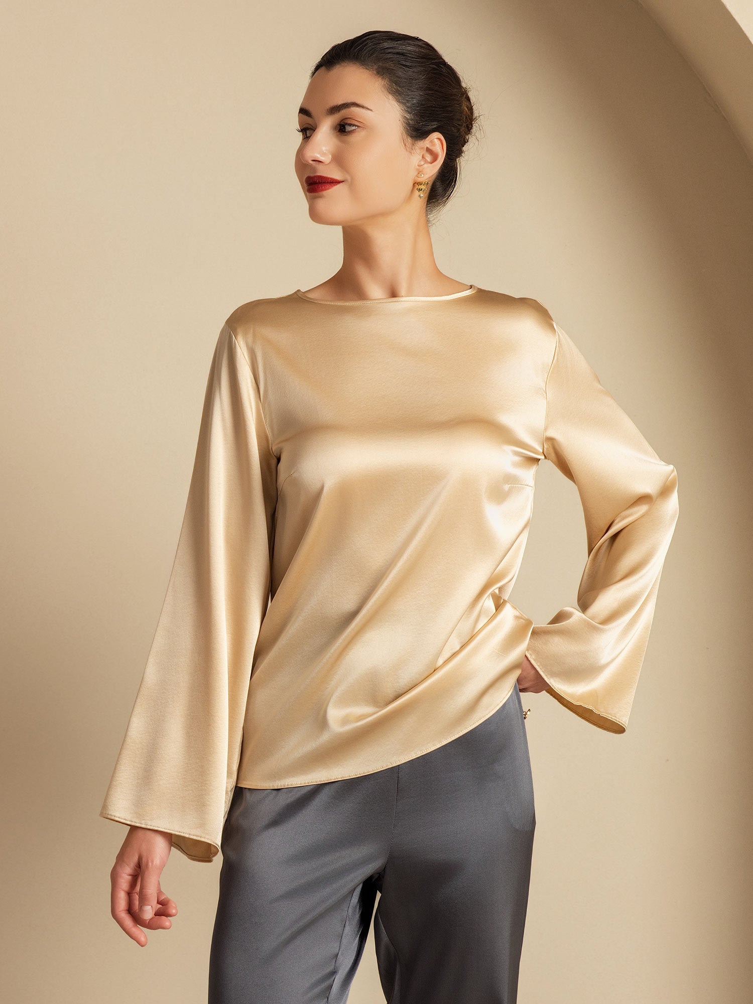[Champagne] SilkSilky-NO 19Momme Silke Womens T-Shirt 005