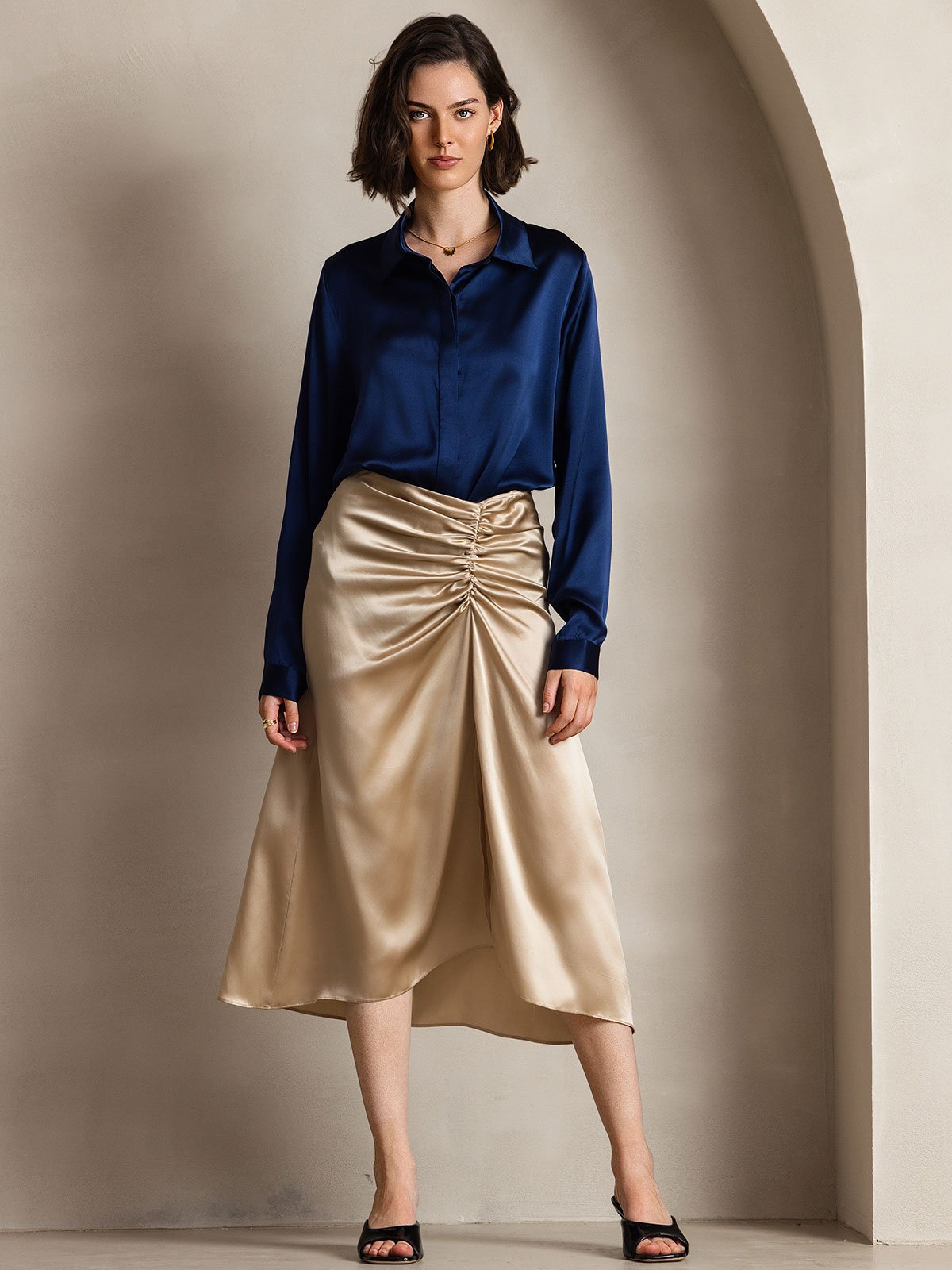 [Mørke blå] SilkSilky-NO 19Momme Silke Womens Shirt 001