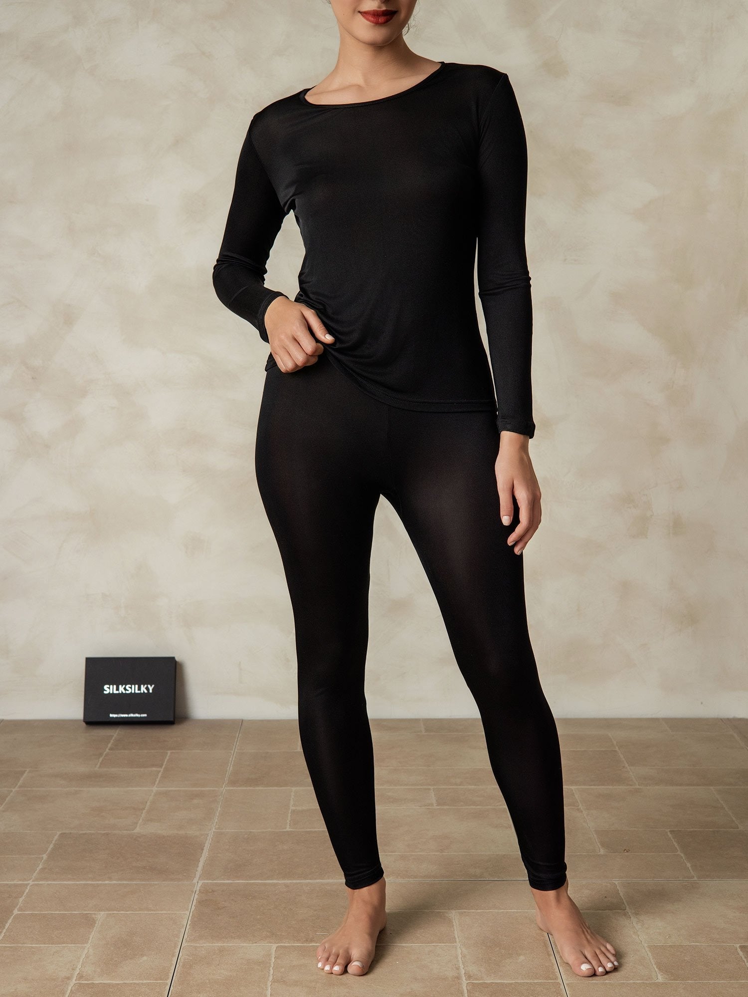 [Svart] SilkSilky-NO Long Sleeve Round Neck Dame Langt Undertøy 001