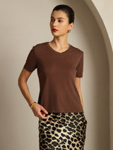 [Kaffe] SilkSilky-NO Short Sleeve V Neck T-skjorte for Kvinner 007