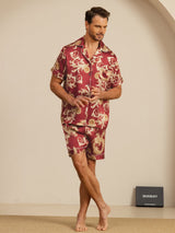 [Vinrød Drage] SilkSilky-NO Short Sleeve Lapel Collar Pyjamas for menn 007
