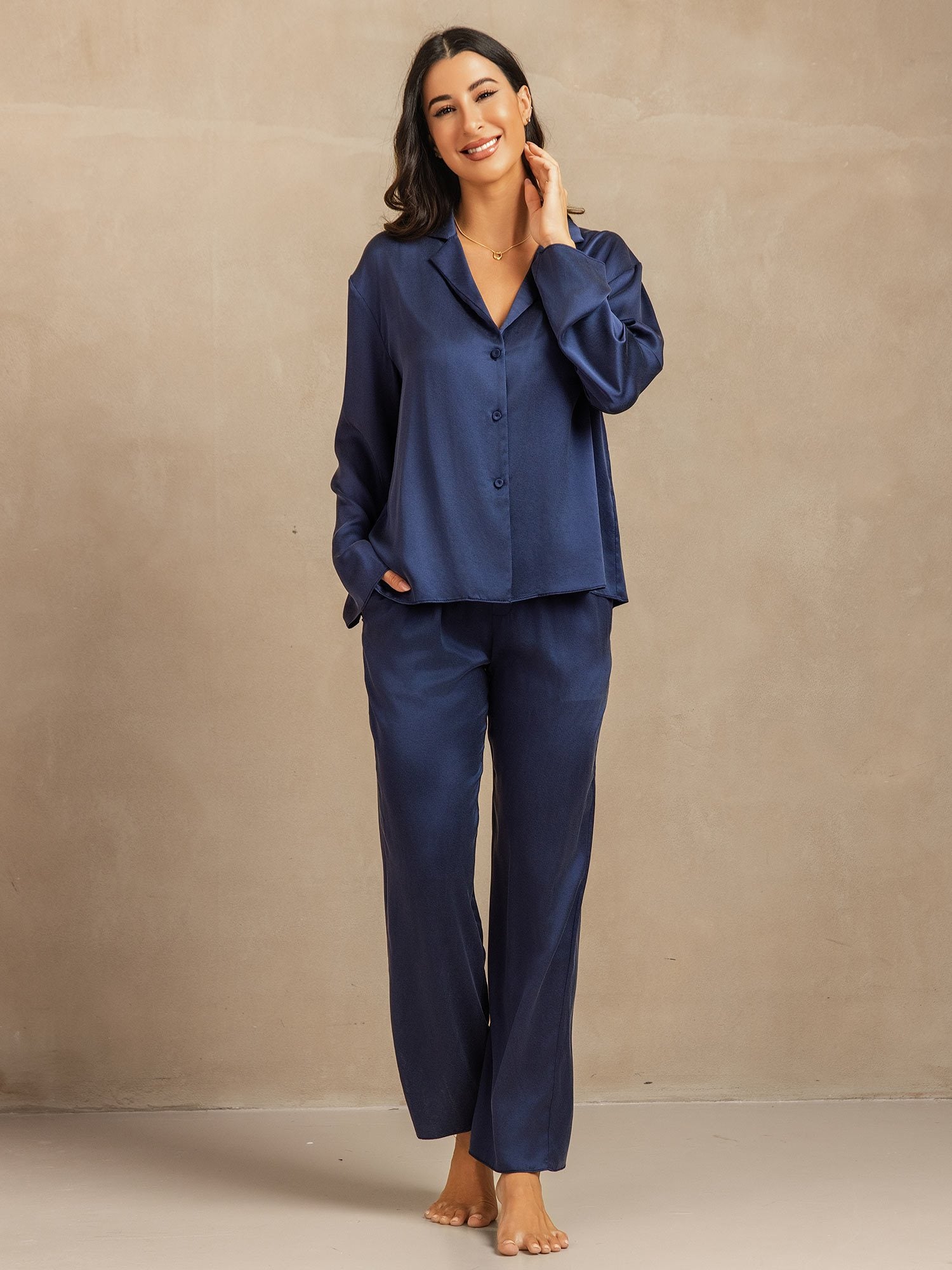 [Mørkeblå] SilkSilky-NO 19Momme Silke Womens Pajamas 003