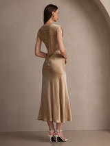 [Champagne] SilkSilky-NO Cap Sleeve Scoop Neck Kjole 002