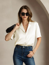 [Elfenbein] SilkSilky-NO Short Sleeve Lapel Collar Skjorte for Kvinner 001