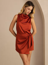 [Karamell] SilkSilky-NO Sleeveless Cowl Neck Kjole 004