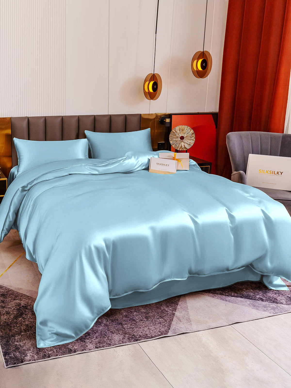 [Lyse Blå] SilkSilky-NO 19Momme Bedding Set 004