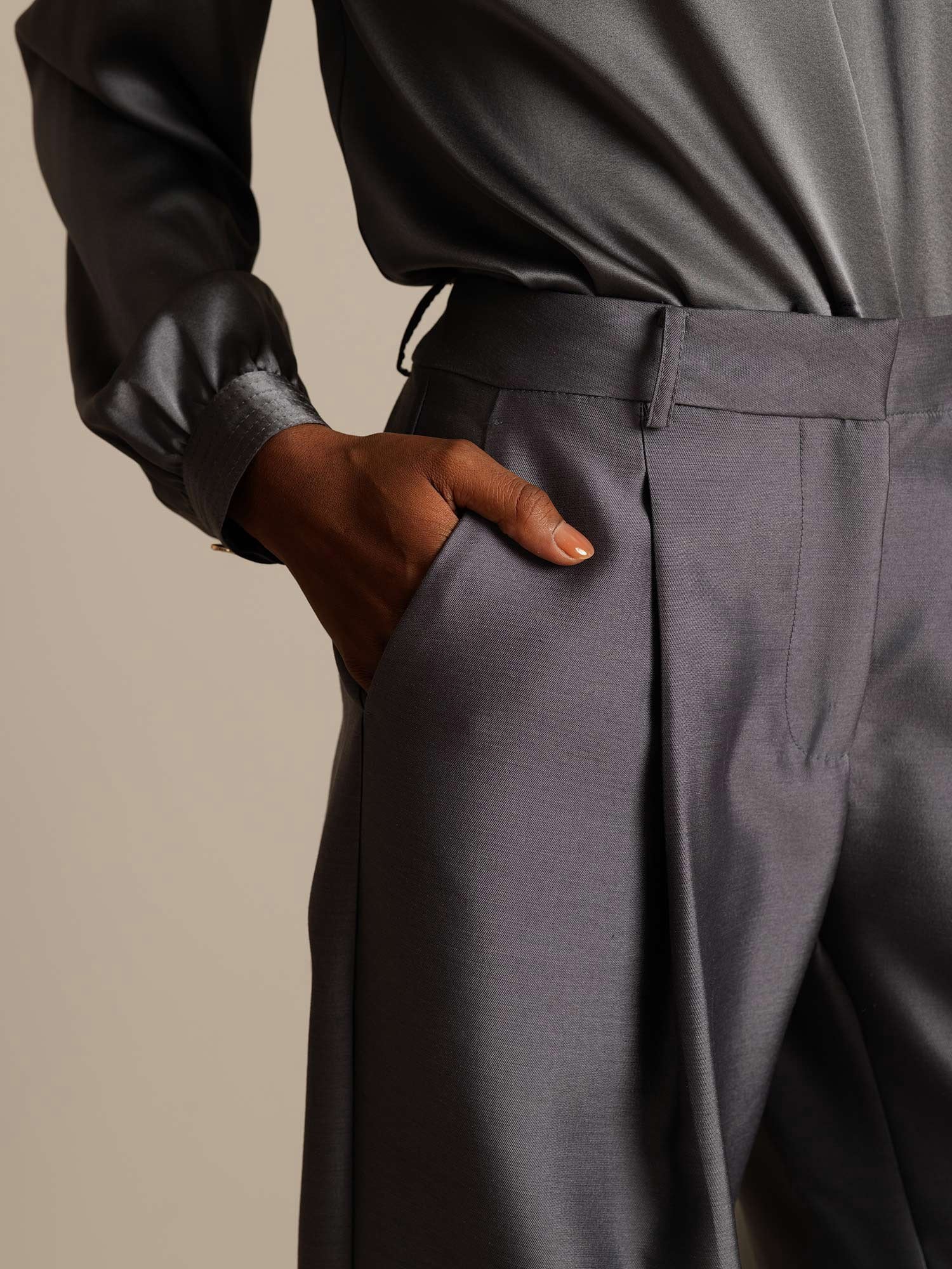 [Grå] SilkSilky-NO 32Momme Silk-Wool Blend Womens Pants 004,