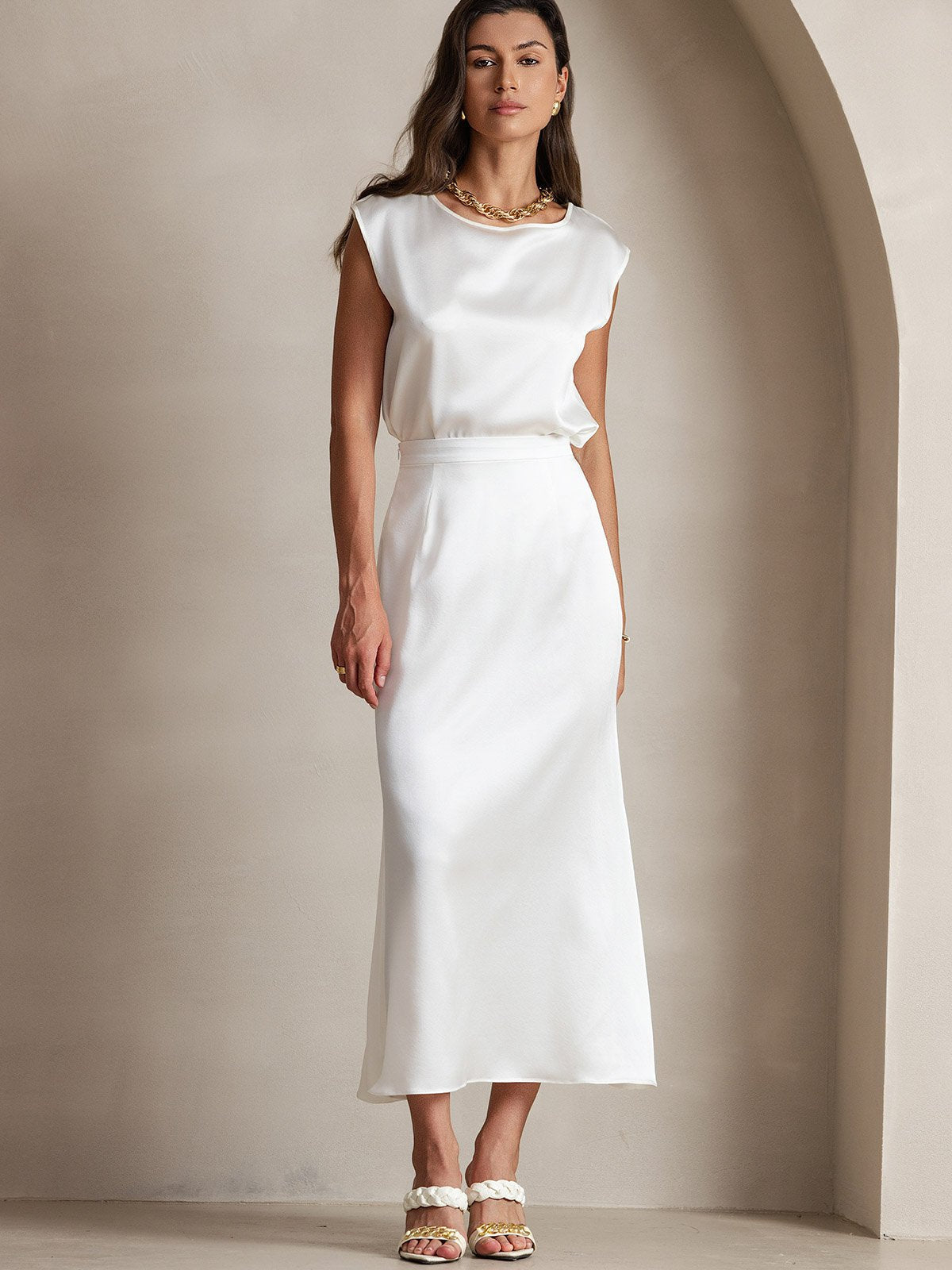 [Hvit] SilkSilky-NO 19Momme Silke Skirt 006