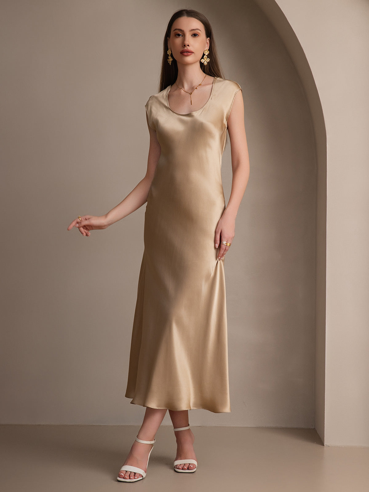 [Champagne] SilkSilky-NO 19Momme Silke Dress 004