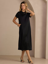 [Svart] SilkSilky-NO Short Sleeve Round Neck Kjole 004