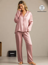 [Ferskenhud] SilkSilky-NO 19Momme Langermet Notchkrage Pyjamas for Kvinner 001
