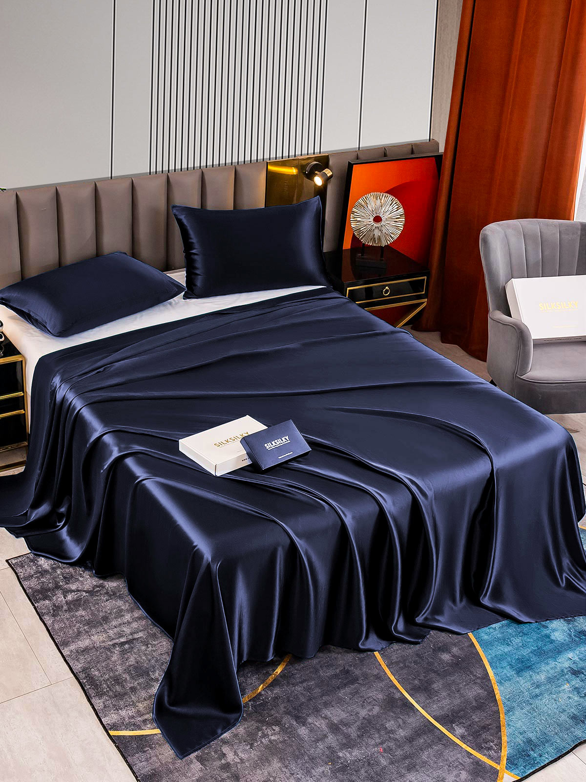 [Mørke blå] SilkSilky-NO 22Momme Bedding Set 002